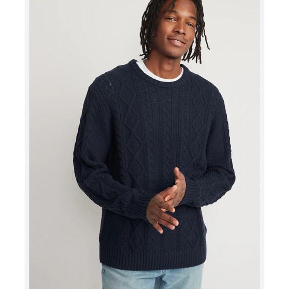 Old Navy Cozy Cable-Knit Cotton Sweater Mens Medium Navy Blue Fisherman Crewneck - Picture 1 of 7